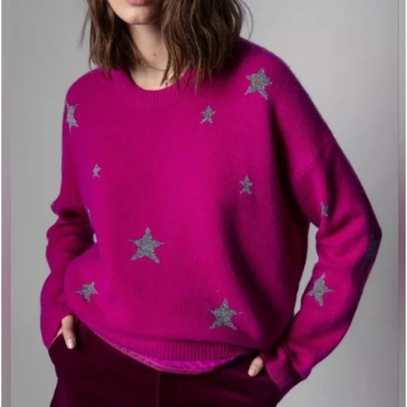Zadig & Voltaire Markus WS Stars Cashmere Blend Sweater Magenta Glitter Stars - Picture 1 of 11
